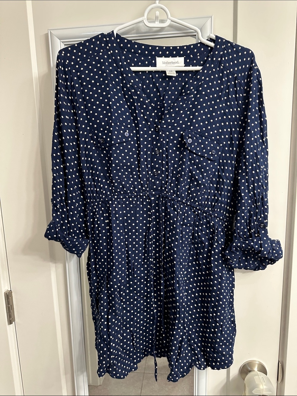 Motherhood Navy White Polka Dot Long Sleeve Maternity shirt